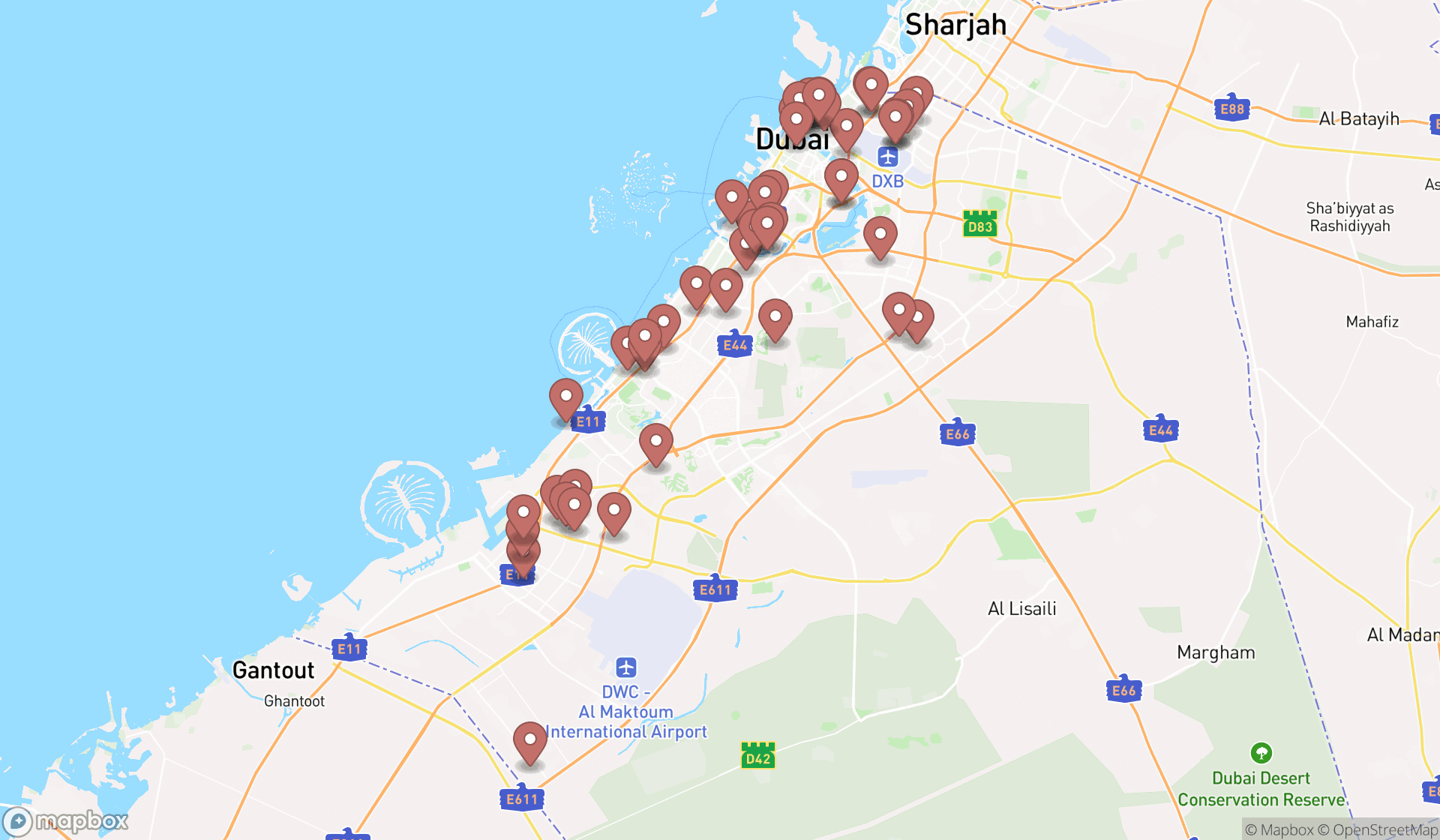 Map showing the search results in Dubai