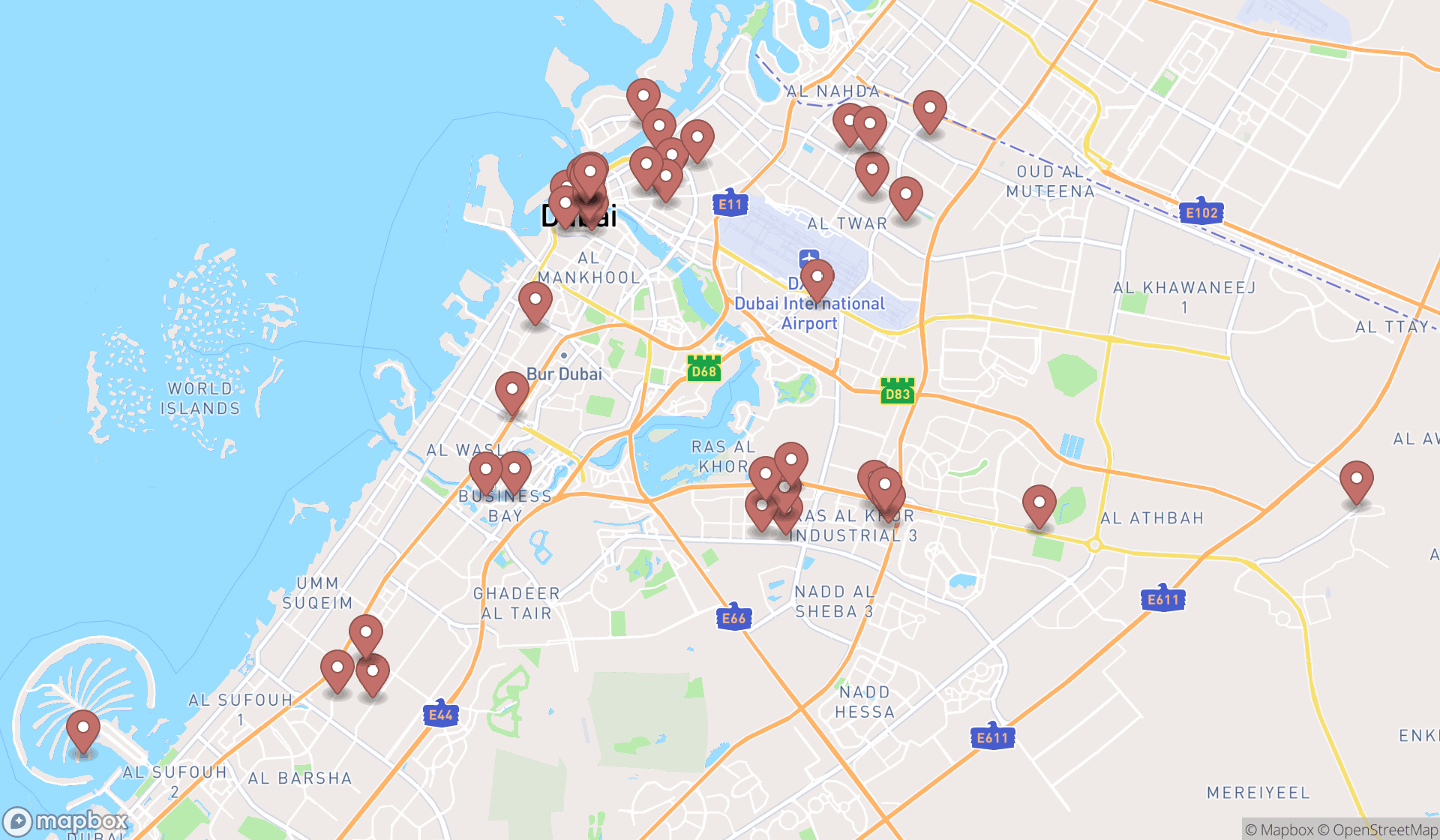Map showing the search results in Dubai