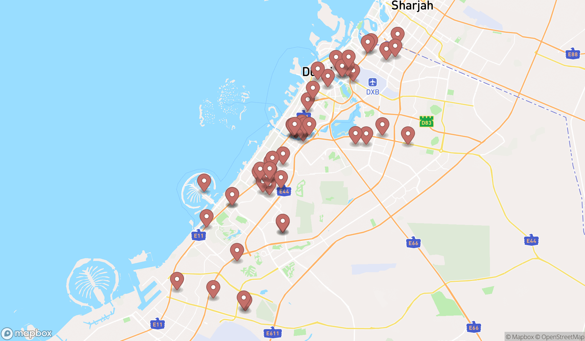 Map showing the search results in Dubai
