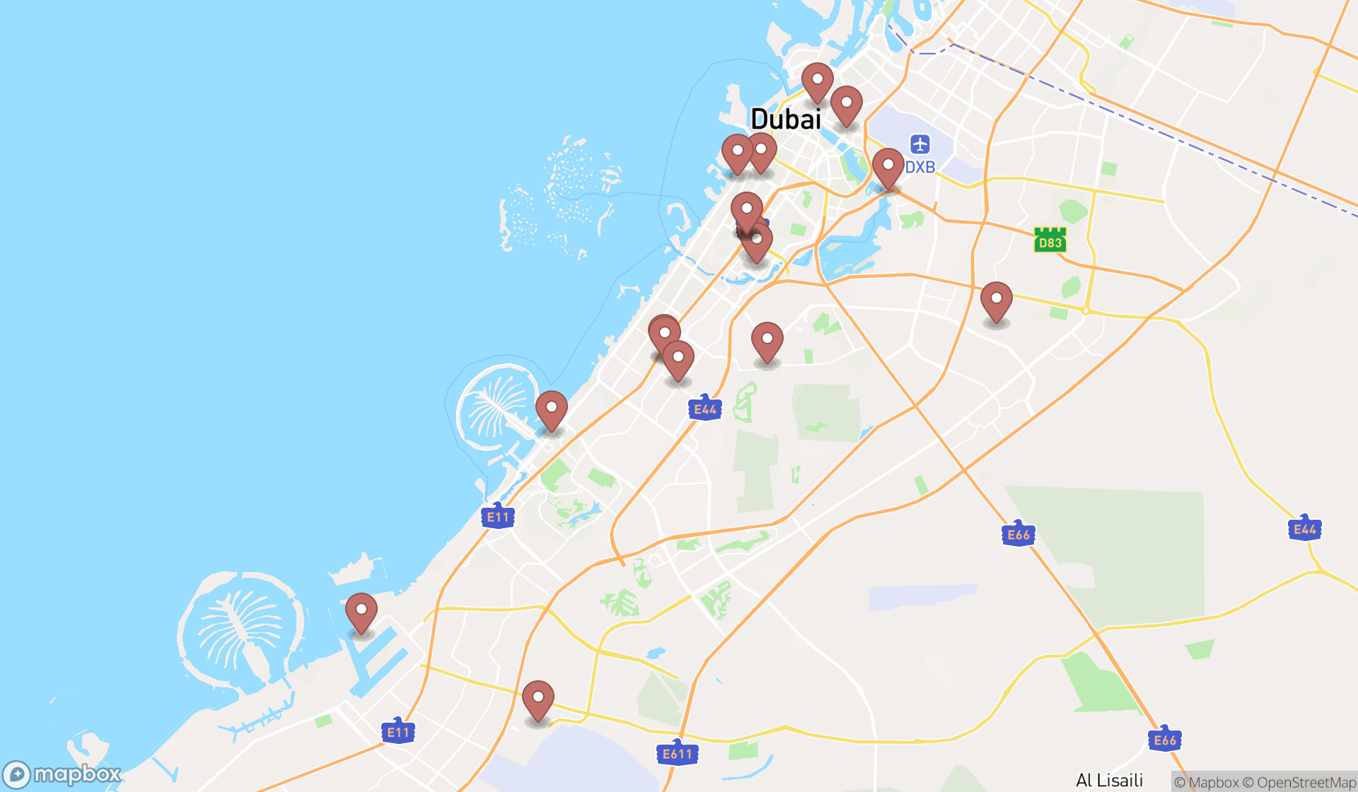Map showing the search results in Dubai
