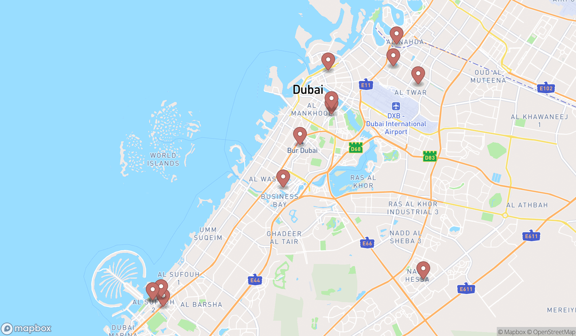 Map showing the search results in Dubai