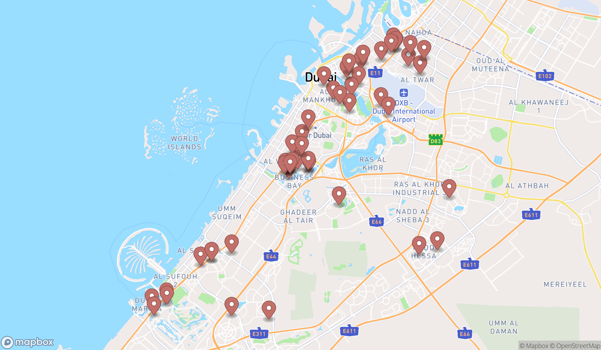 Map showing the search results in Dubai
