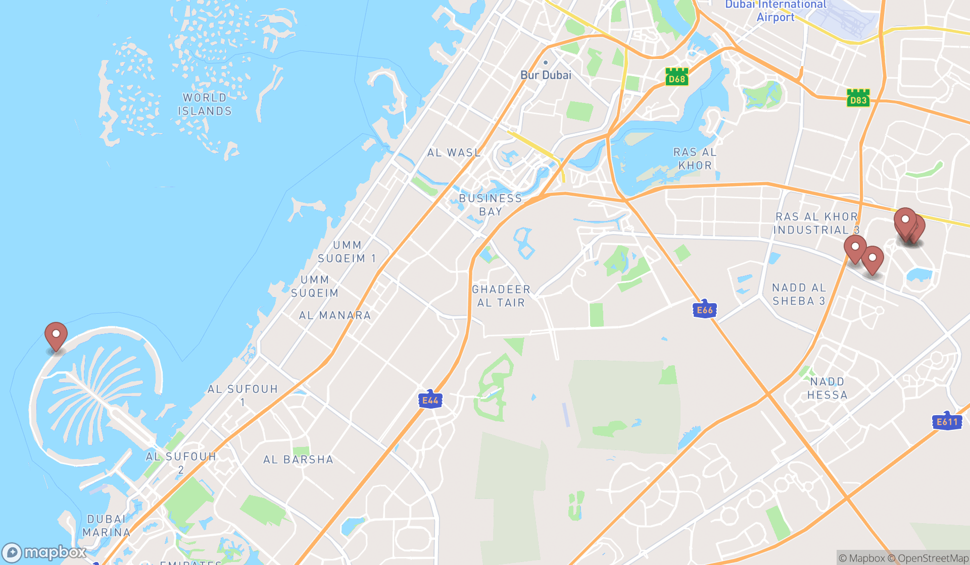 Map showing the search results in Dubai