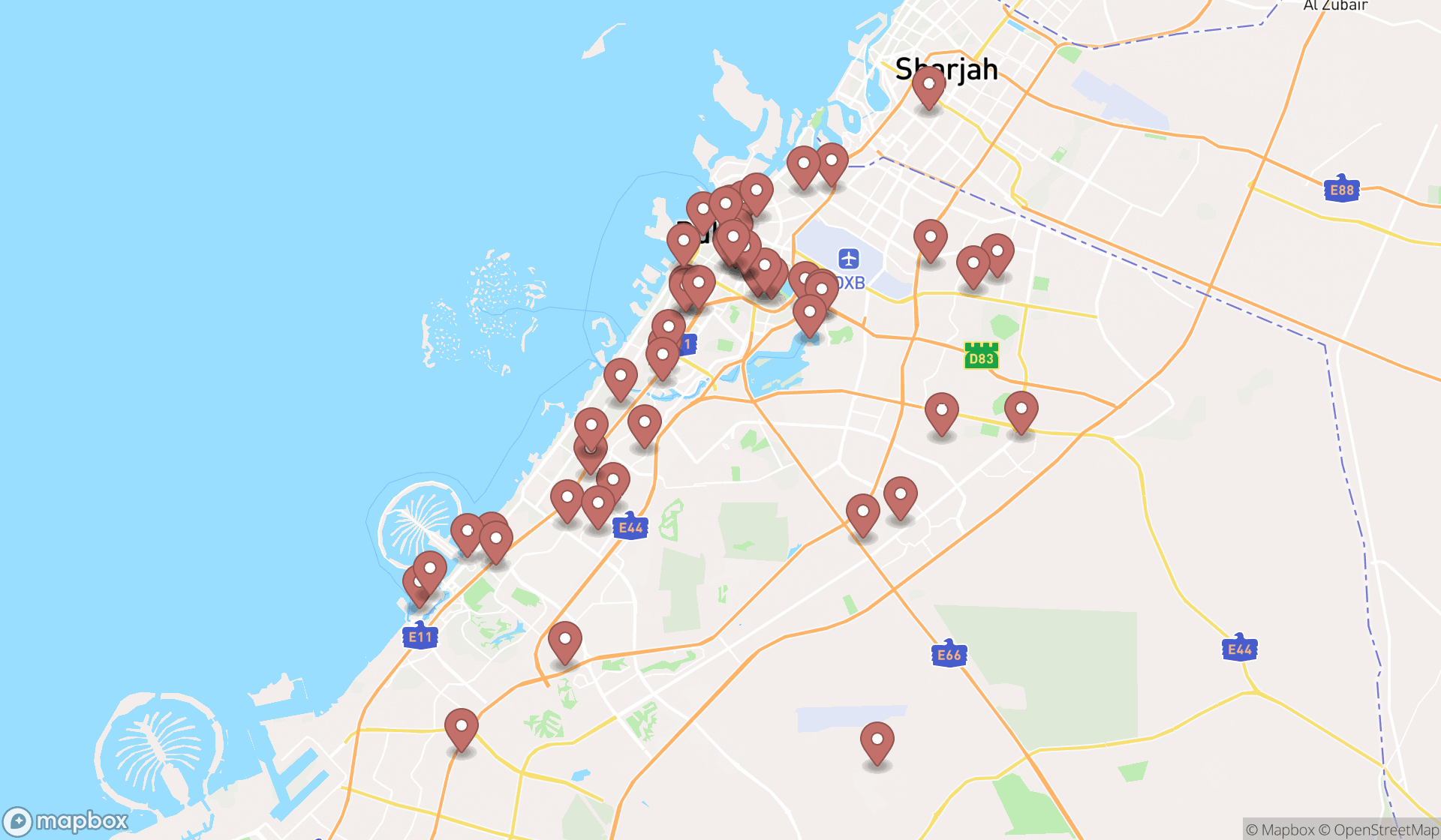 Map showing the search results in Dubai