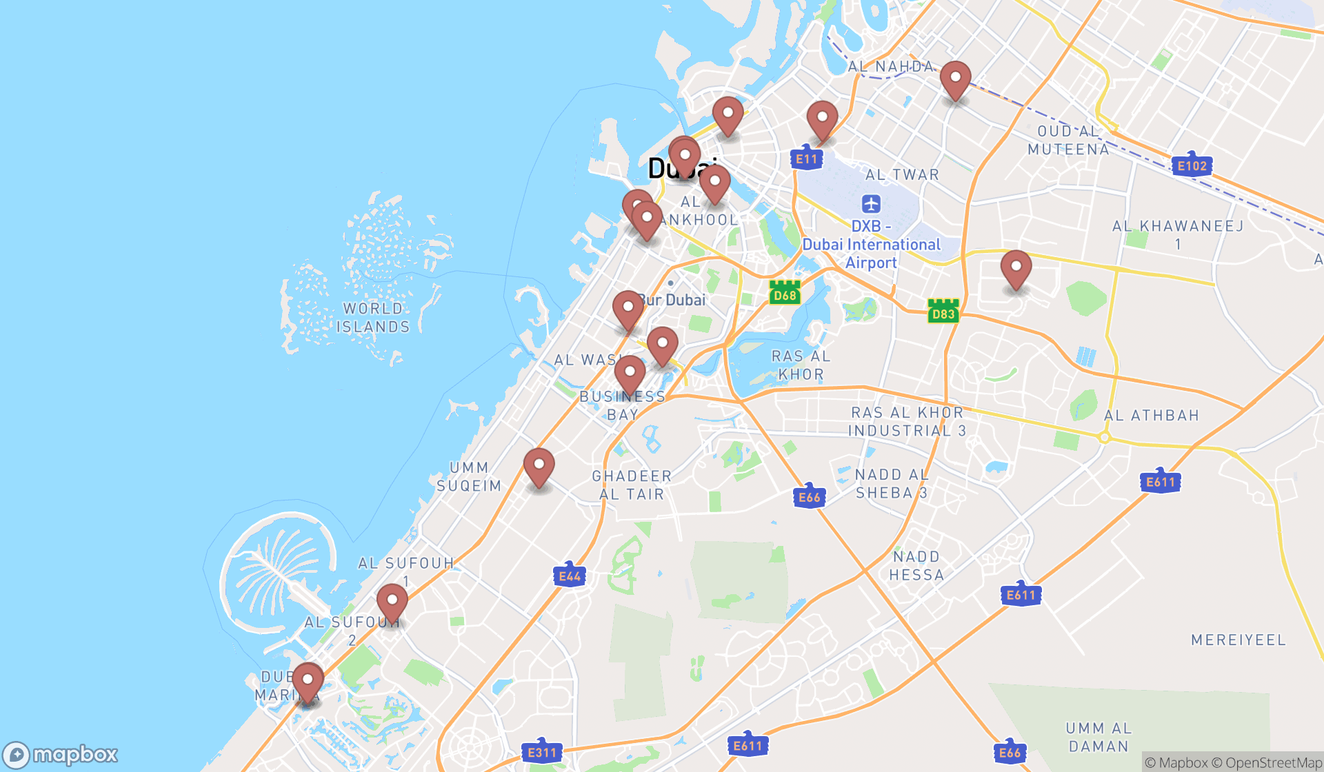 Map showing the search results in Dubai