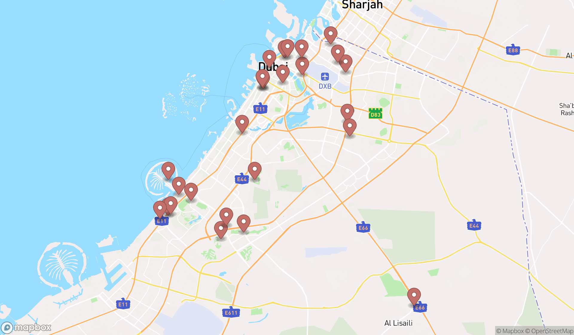 Map showing the search results in Dubai