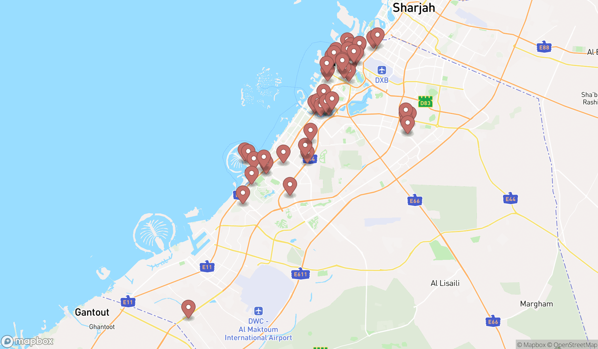 Map showing the search results in Dubai