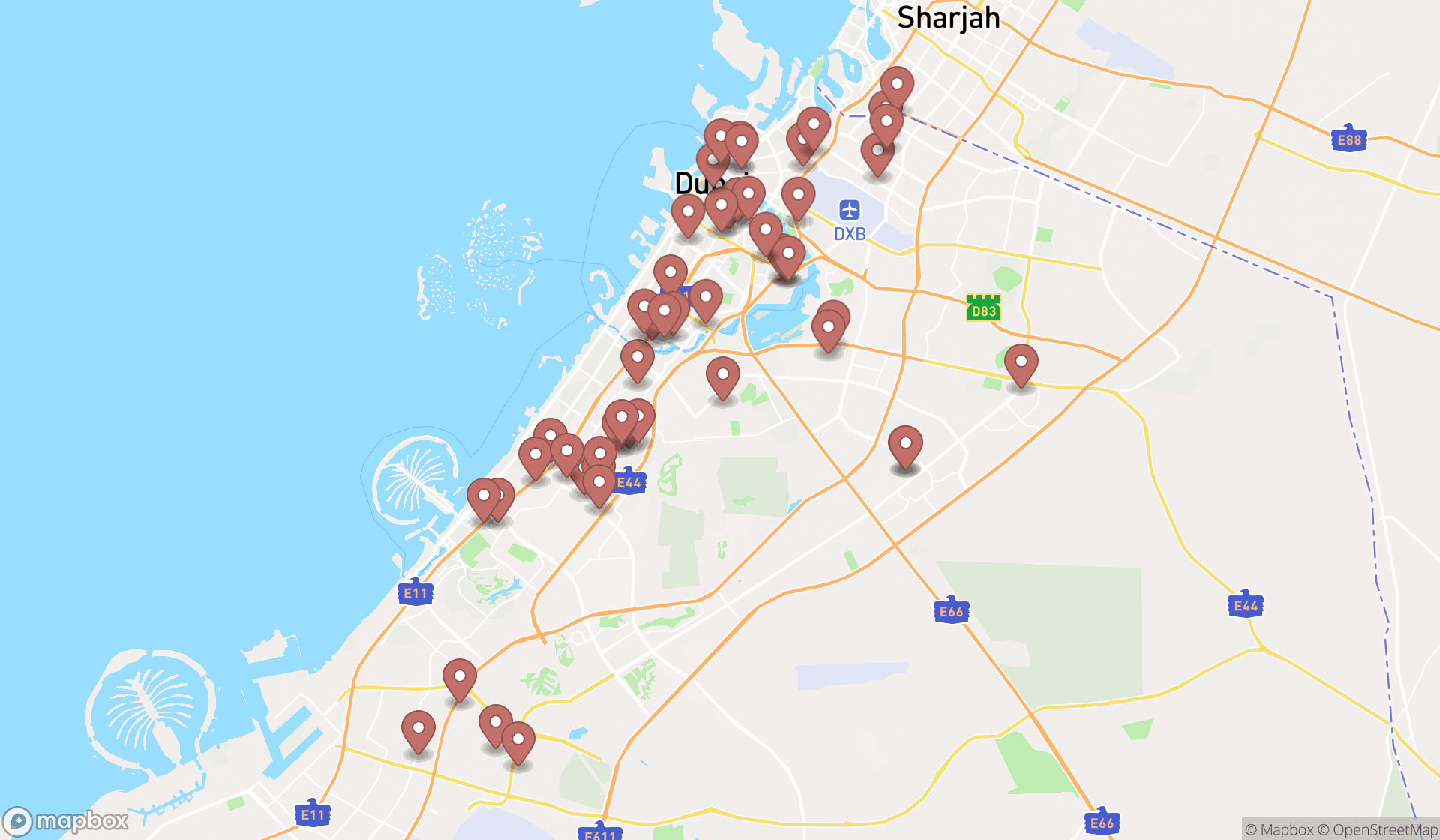 Map showing the search results in Dubai