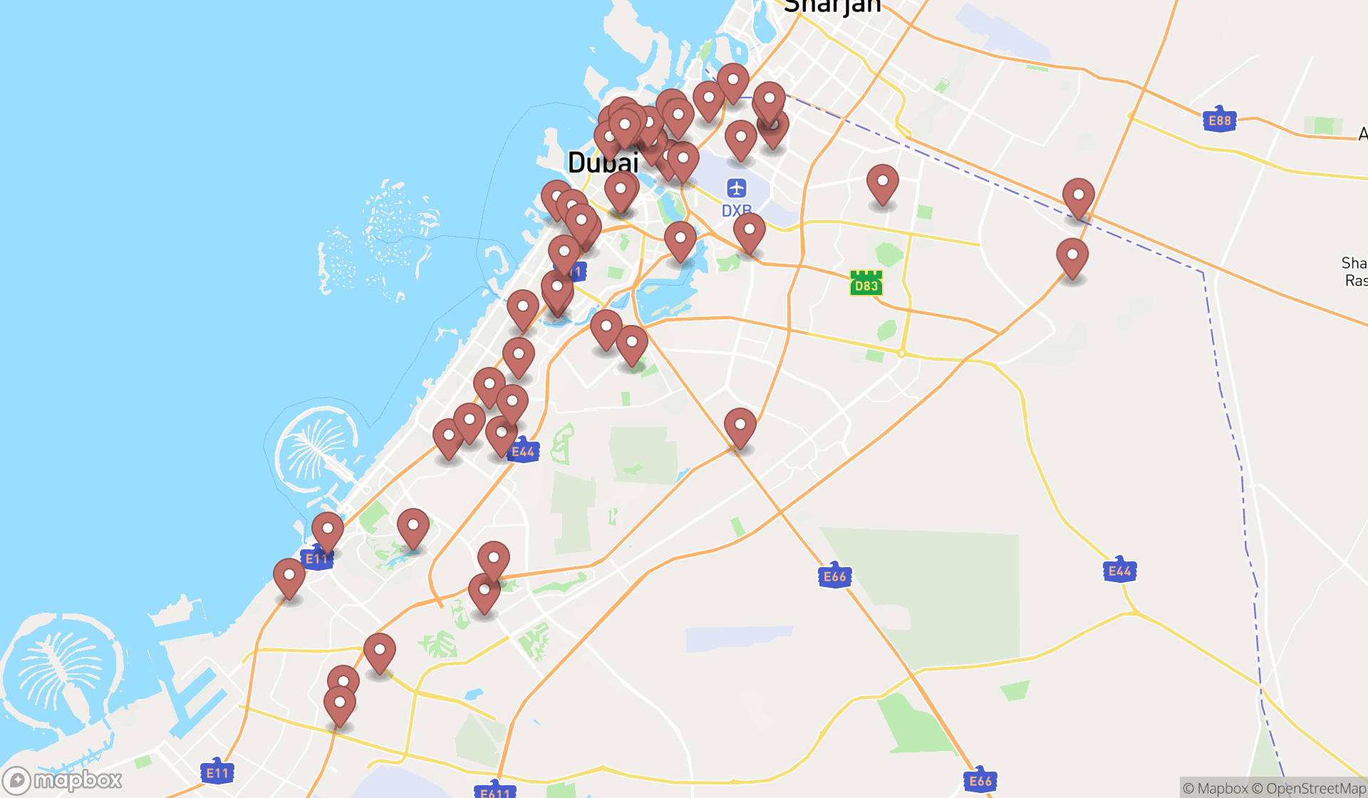 Map showing the search results in Dubai