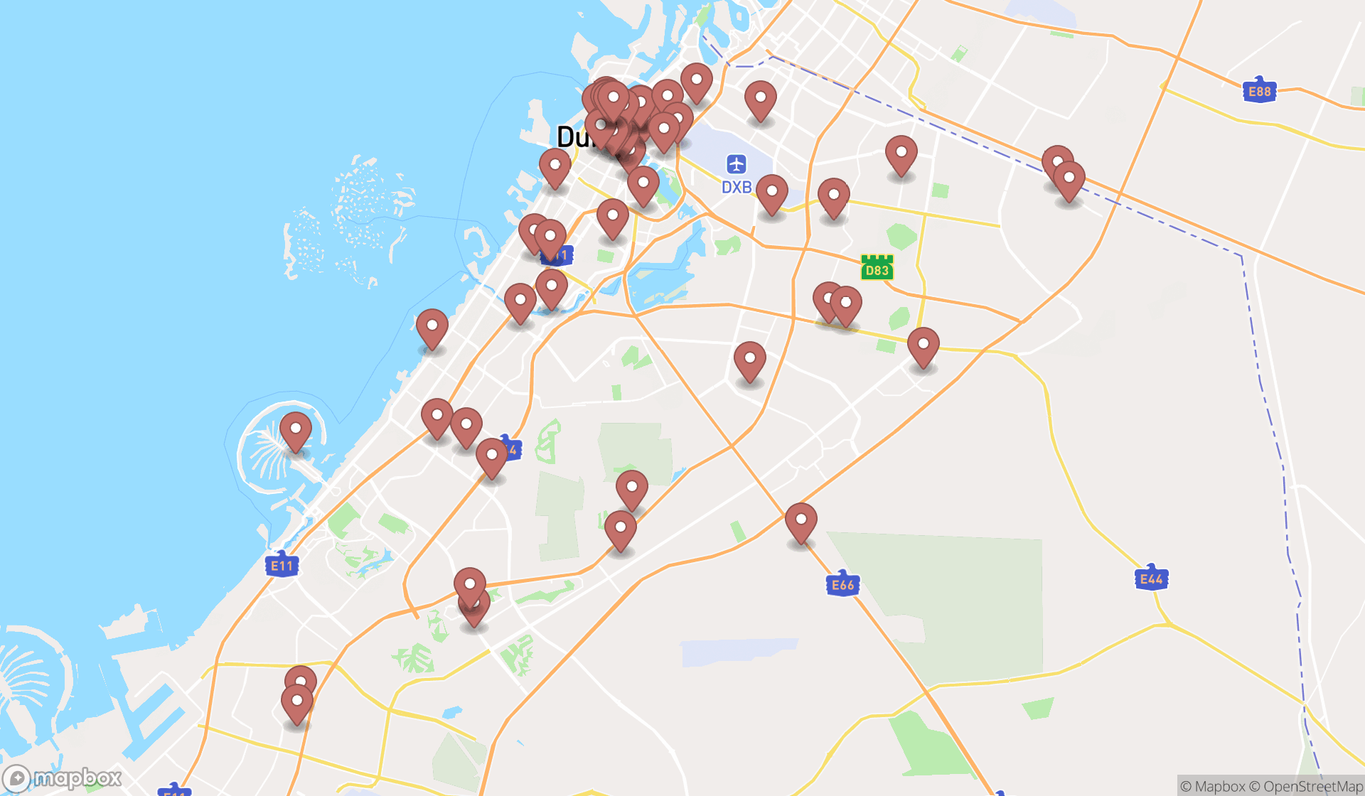 Map showing the search results in Dubai