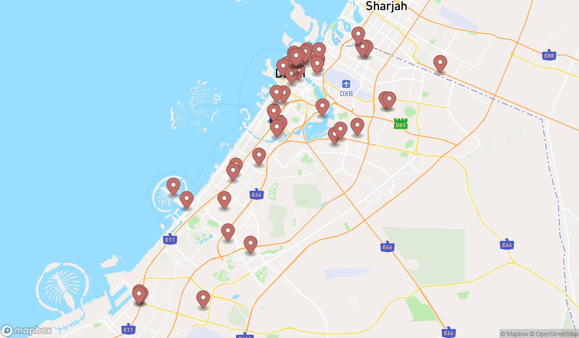 Map showing the search results in Dubai