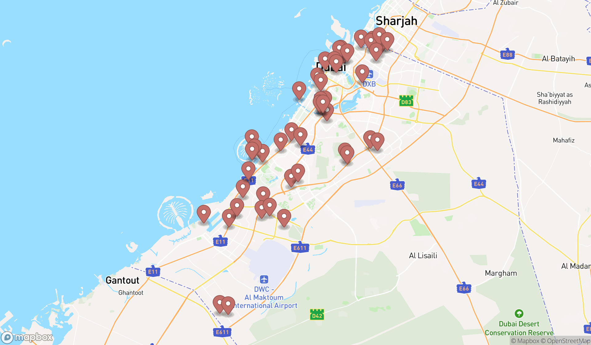 Map showing the search results in Dubai