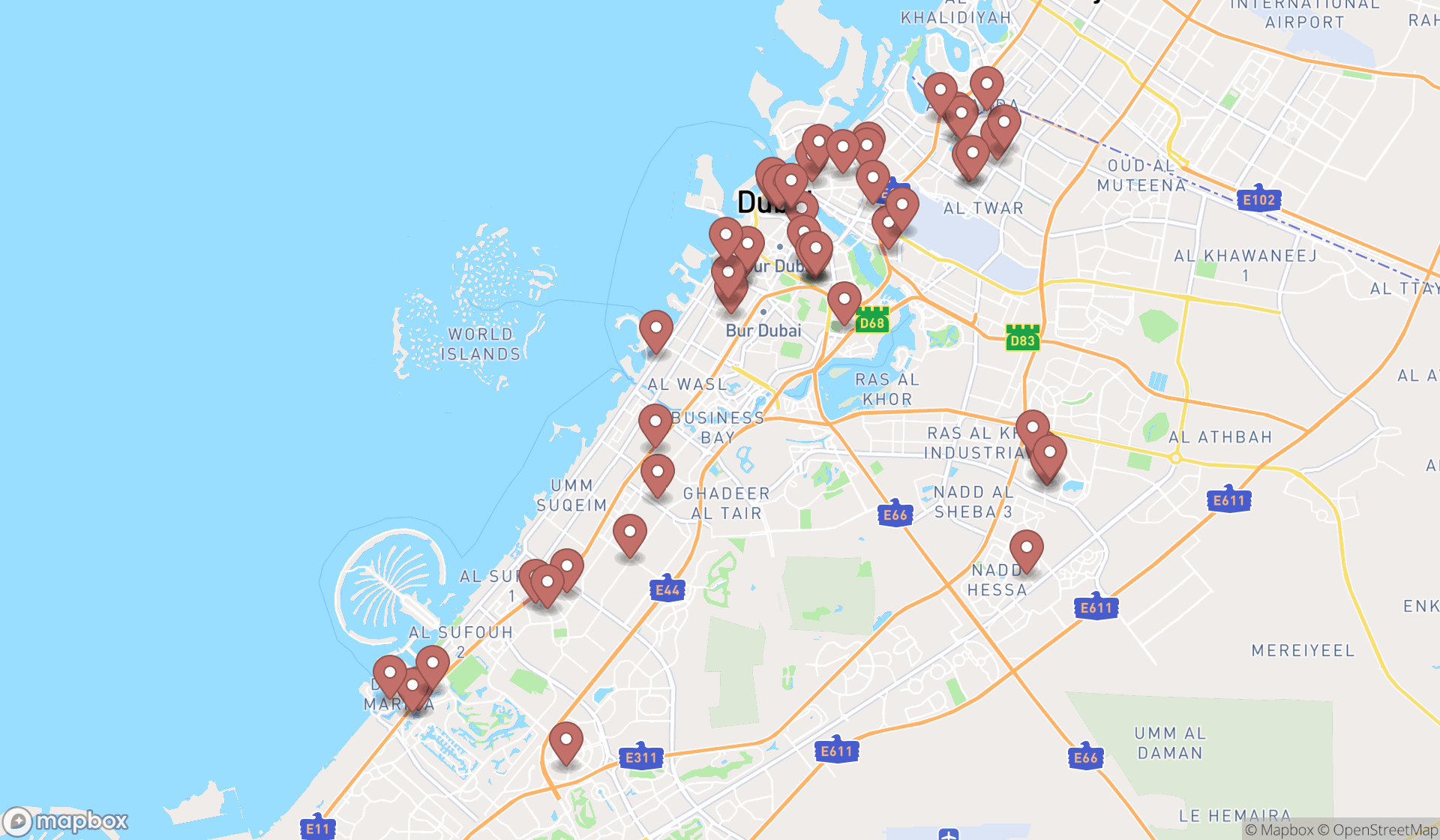 Map showing the search results in Dubai