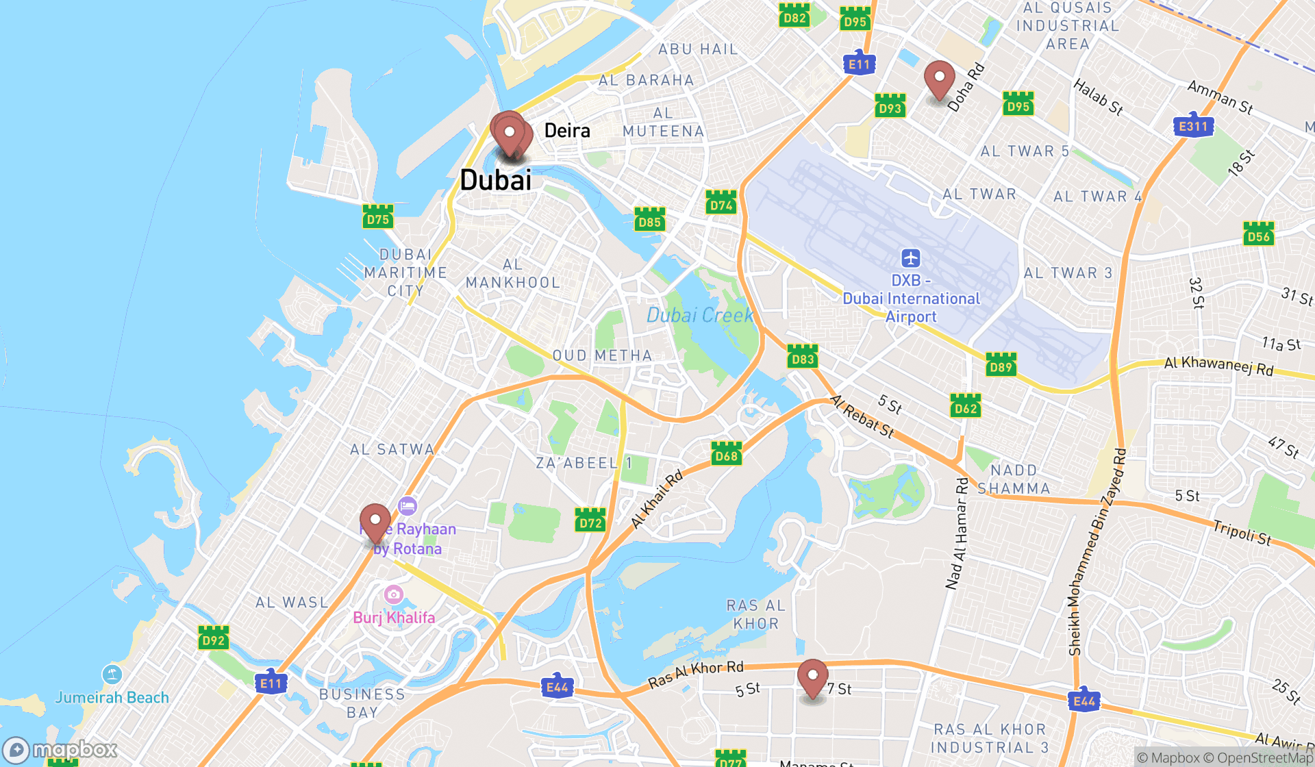 Map showing the search results in Dubai