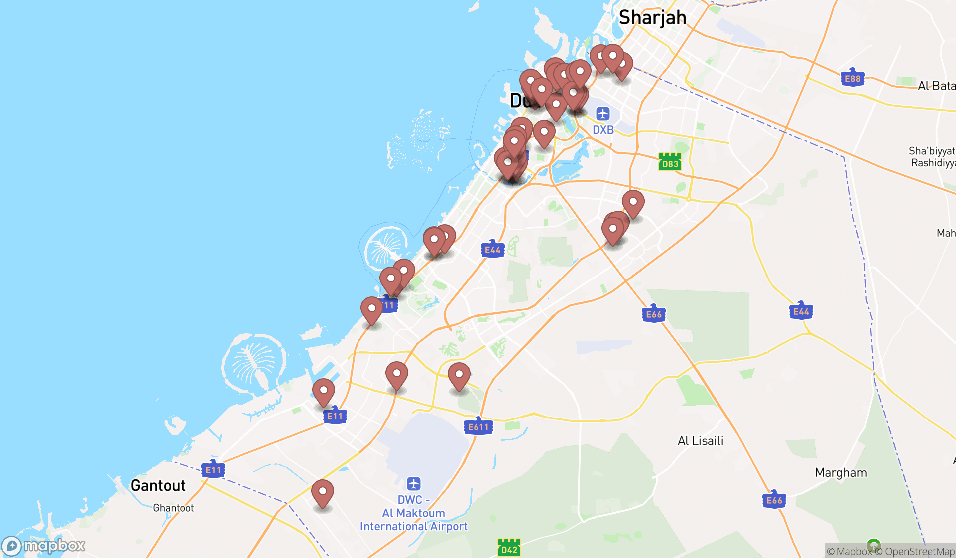 Map showing the search results in Dubai