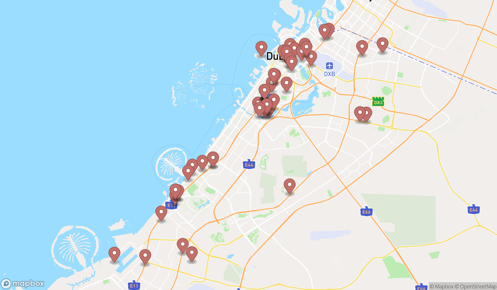 Map showing the search results in Dubai