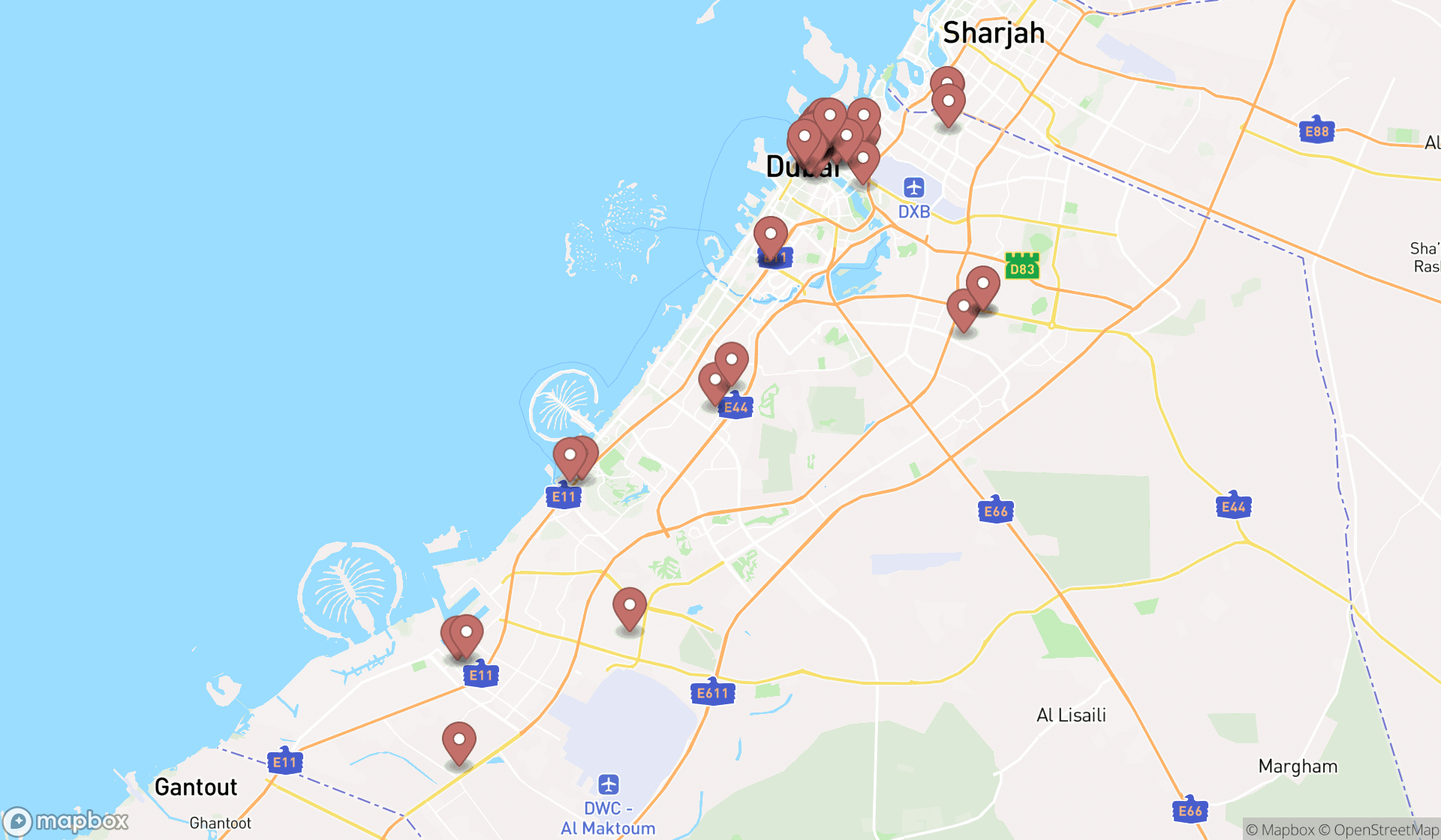 Map showing the search results in Dubai