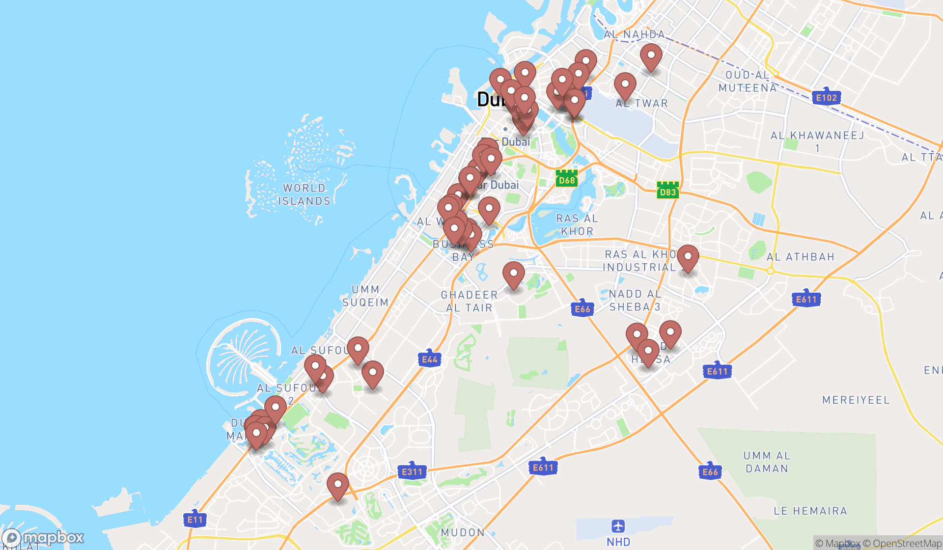 Map showing the search results in Dubai