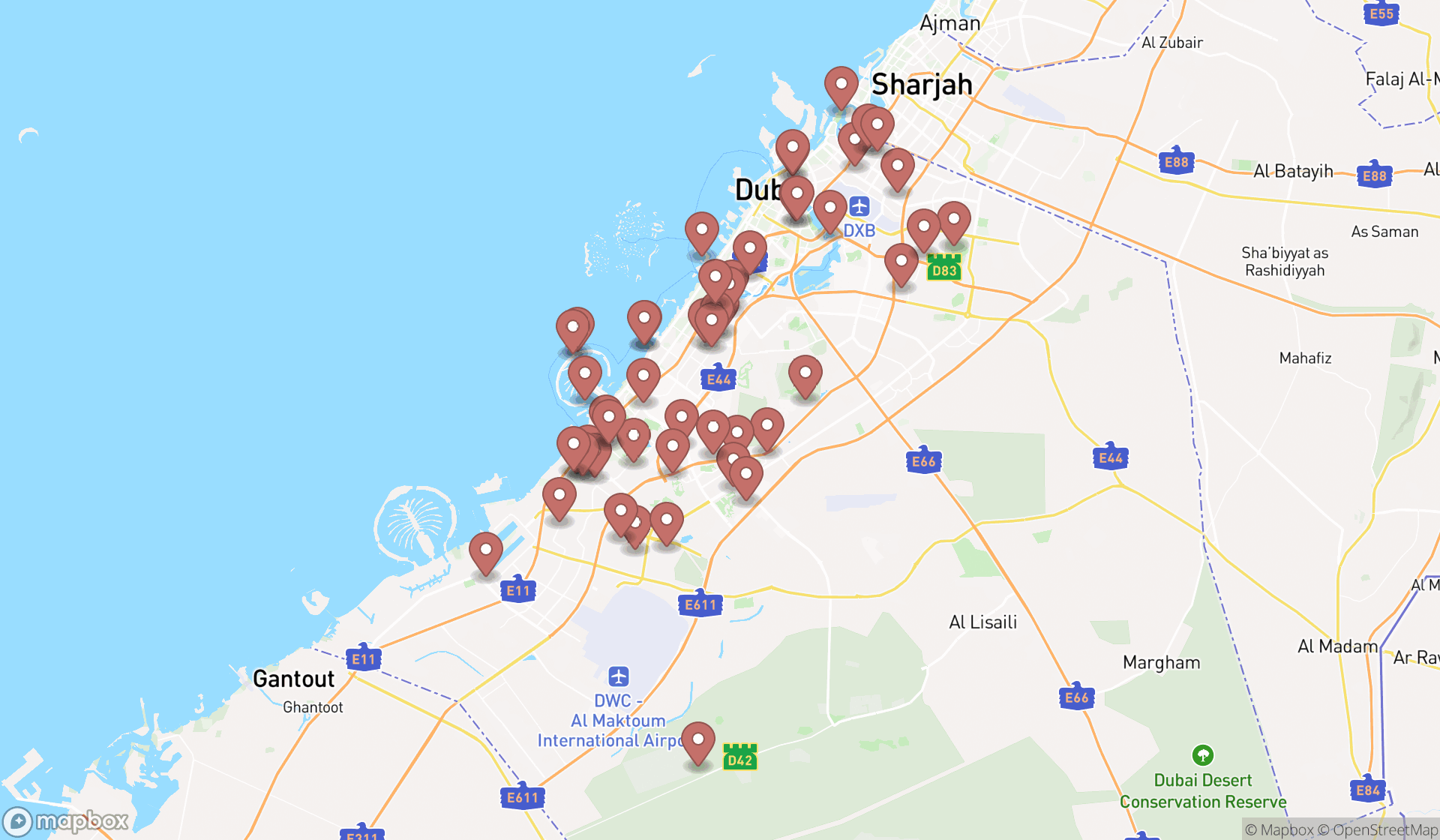 Map showing the search results in Dubai