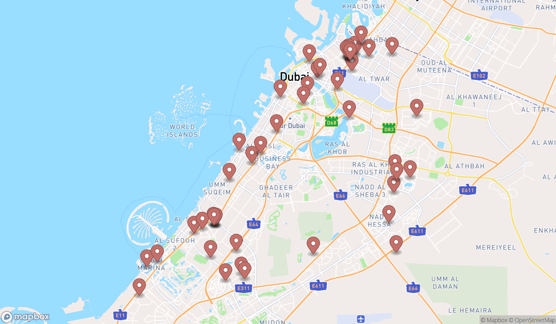 Map showing the search results in Dubai