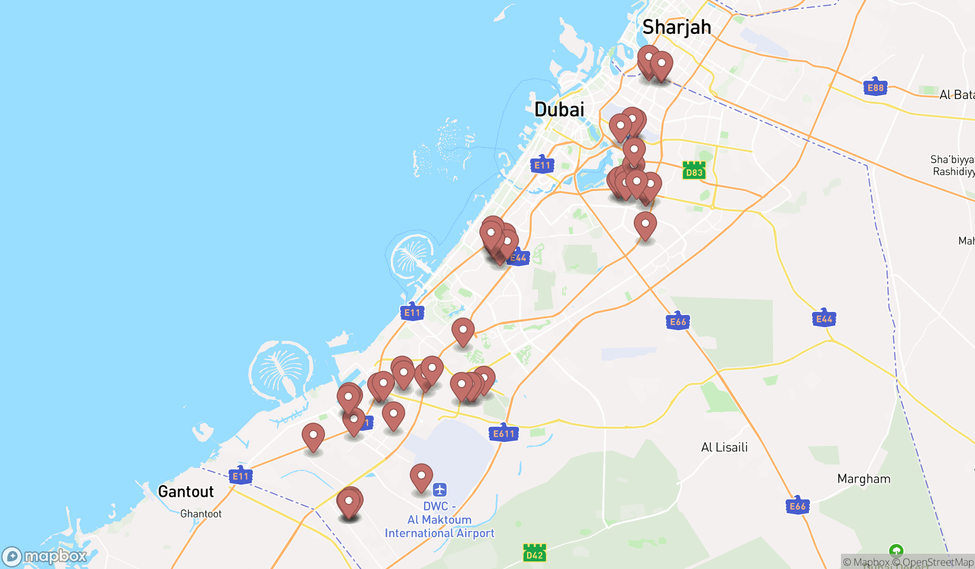 Map showing the search results in Dubai