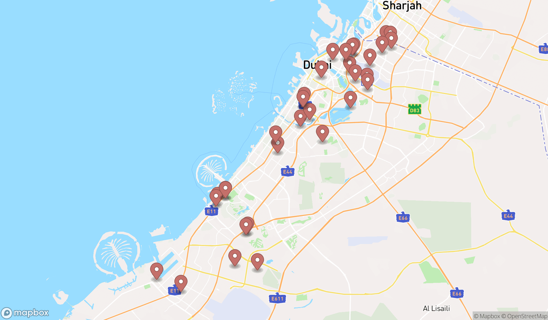 Map showing the search results in Dubai