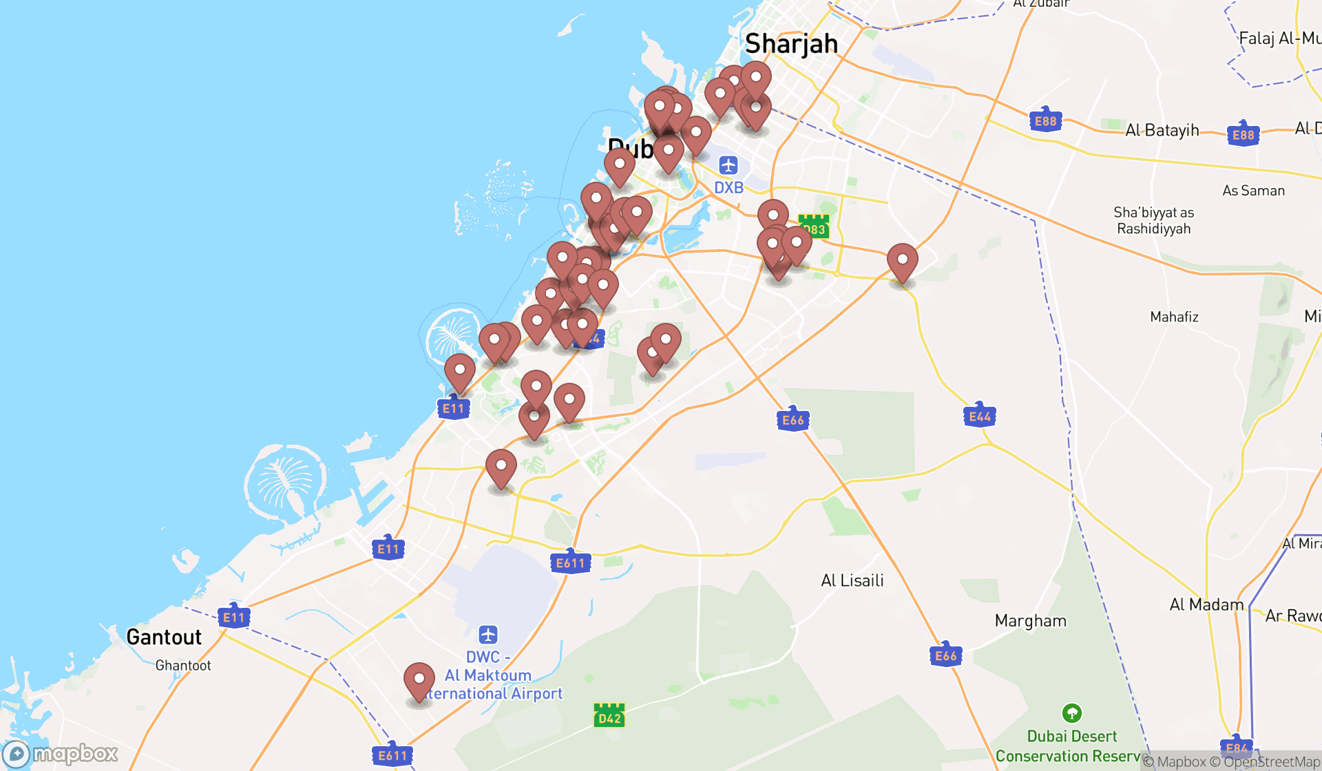 Map showing the search results in Dubai