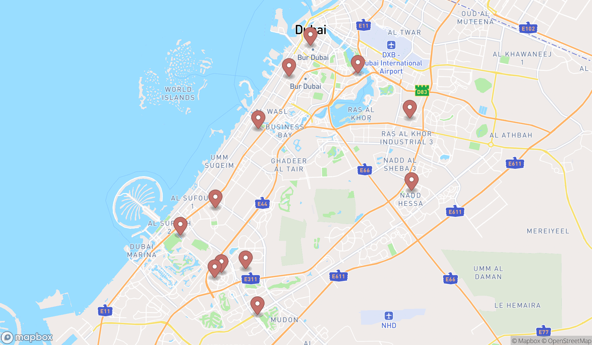 Map showing the search results in Dubai