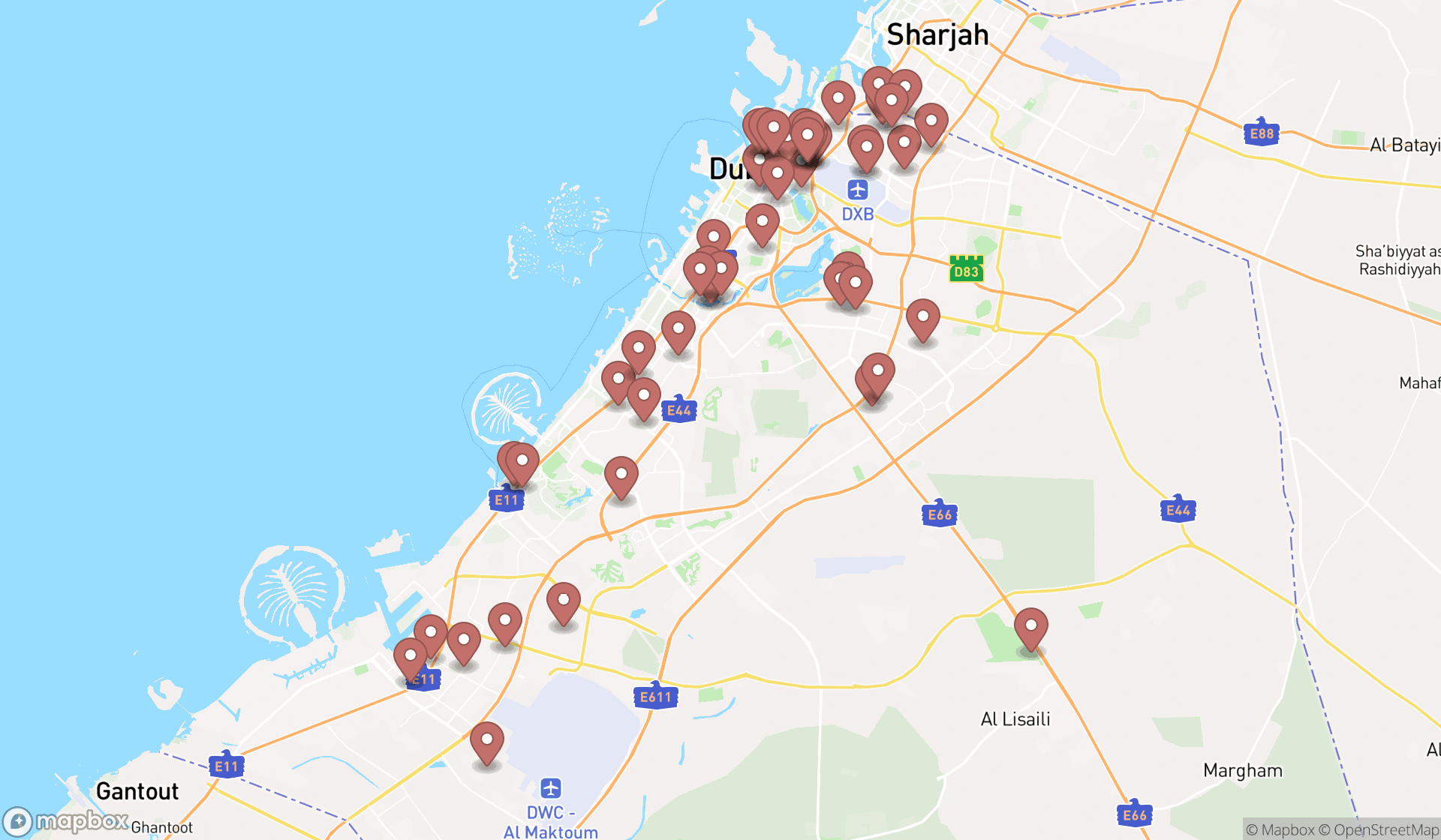 Map showing the search results in Dubai