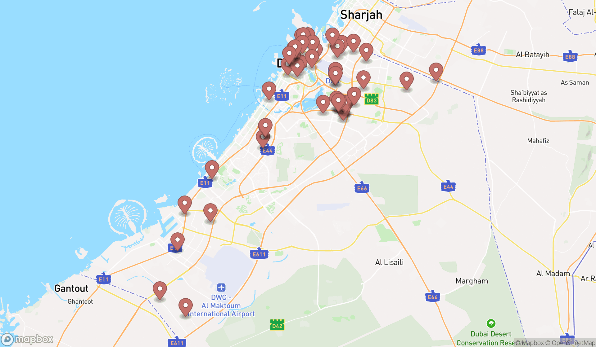 Map showing the search results in Dubai