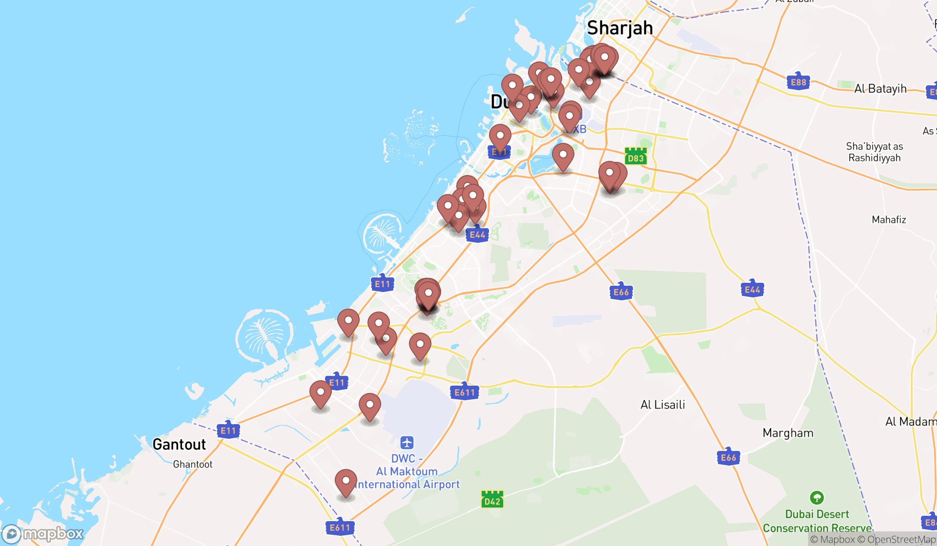 Map showing the search results in Dubai