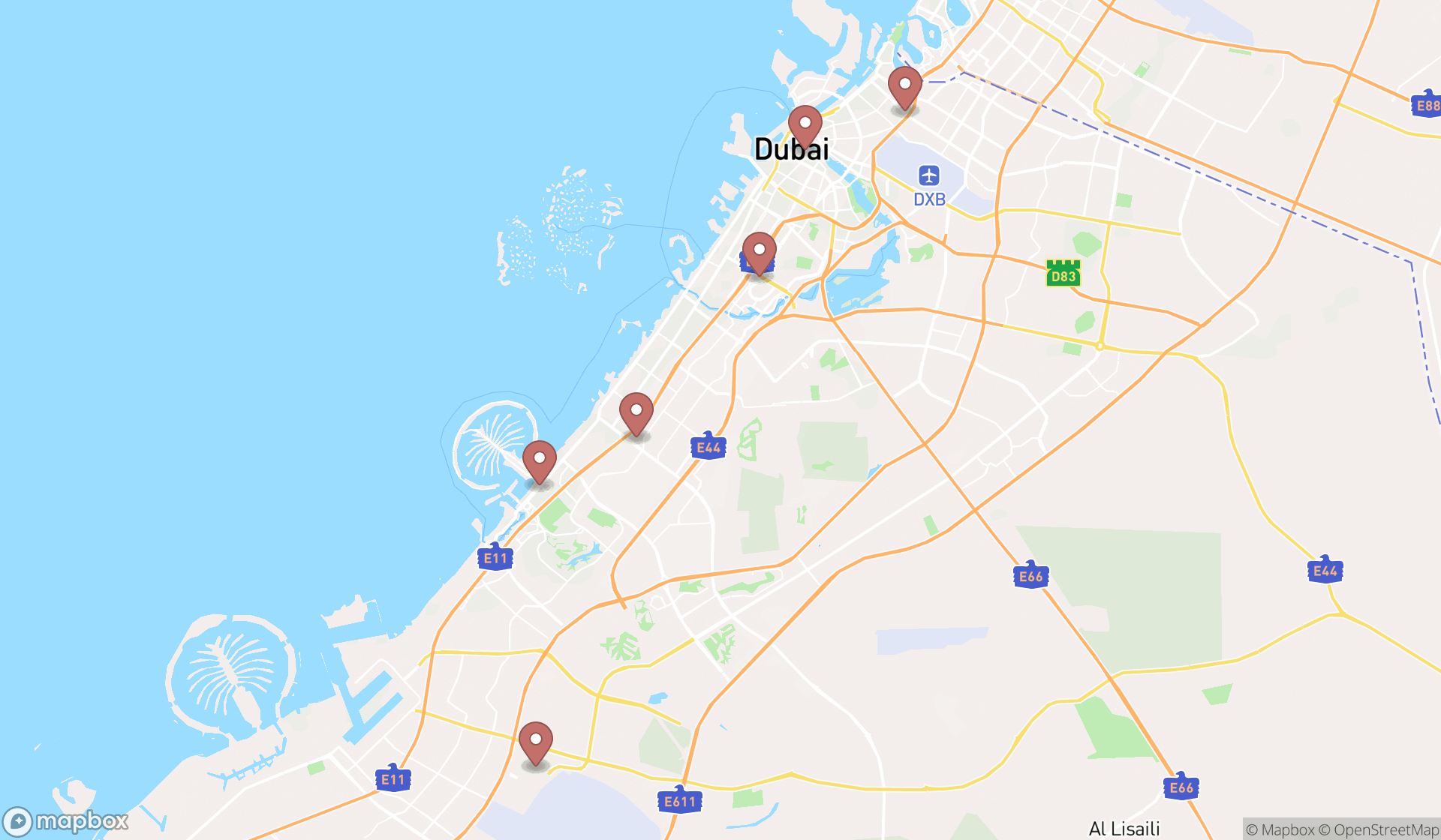 Map showing the search results in Dubai