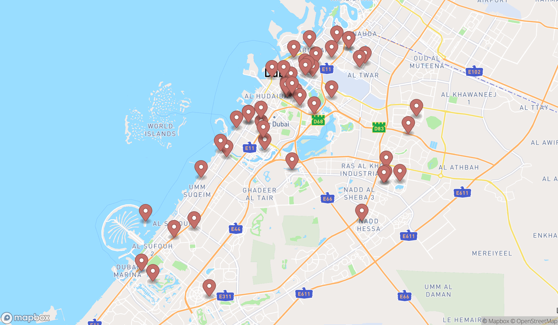 Map showing the search results in Dubai