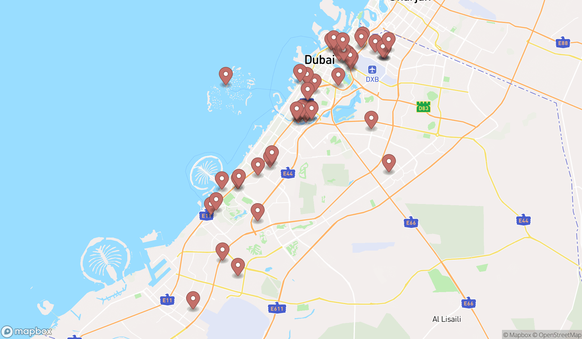 Map showing the search results in Dubai
