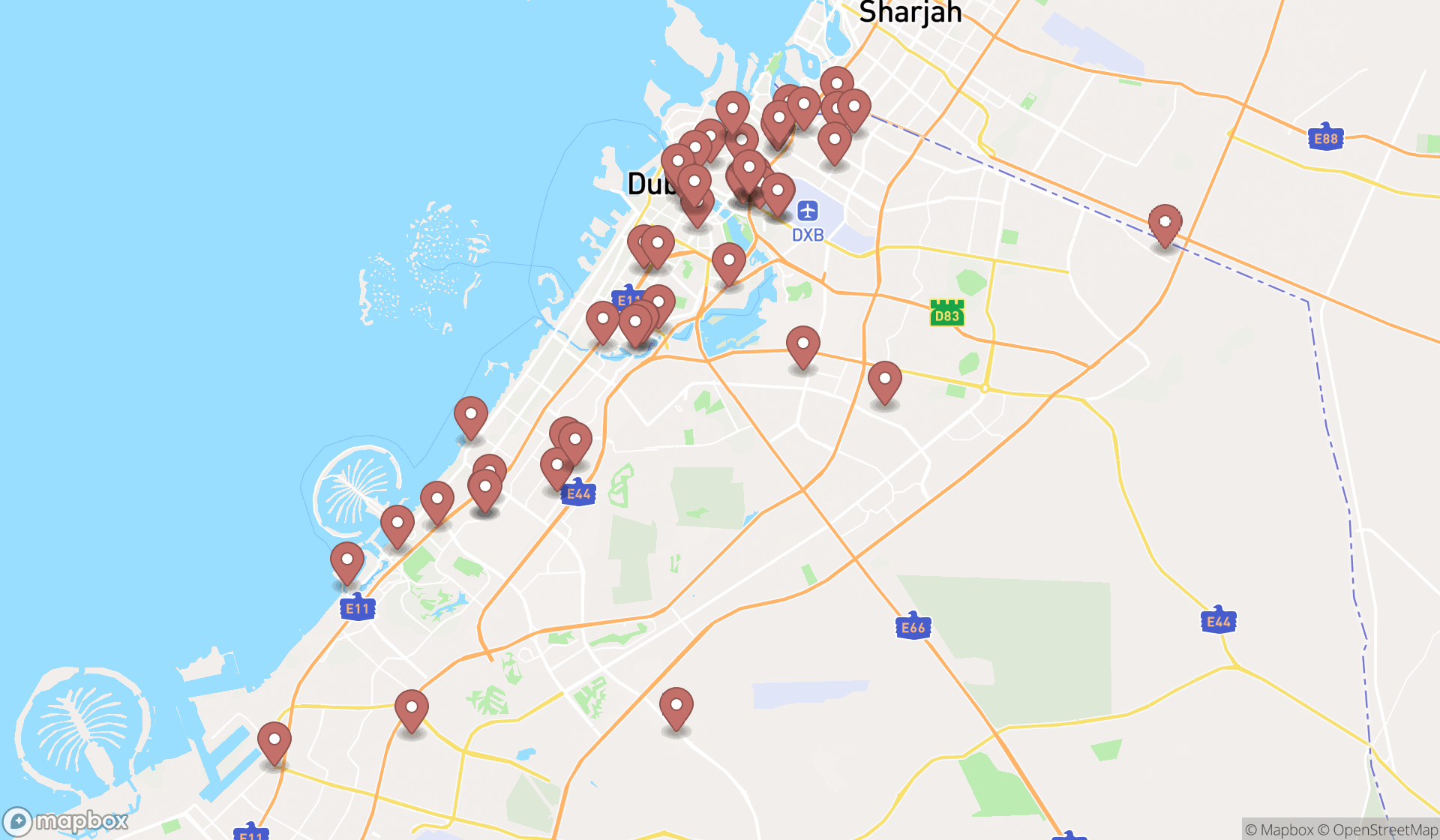 Map showing the search results in Dubai