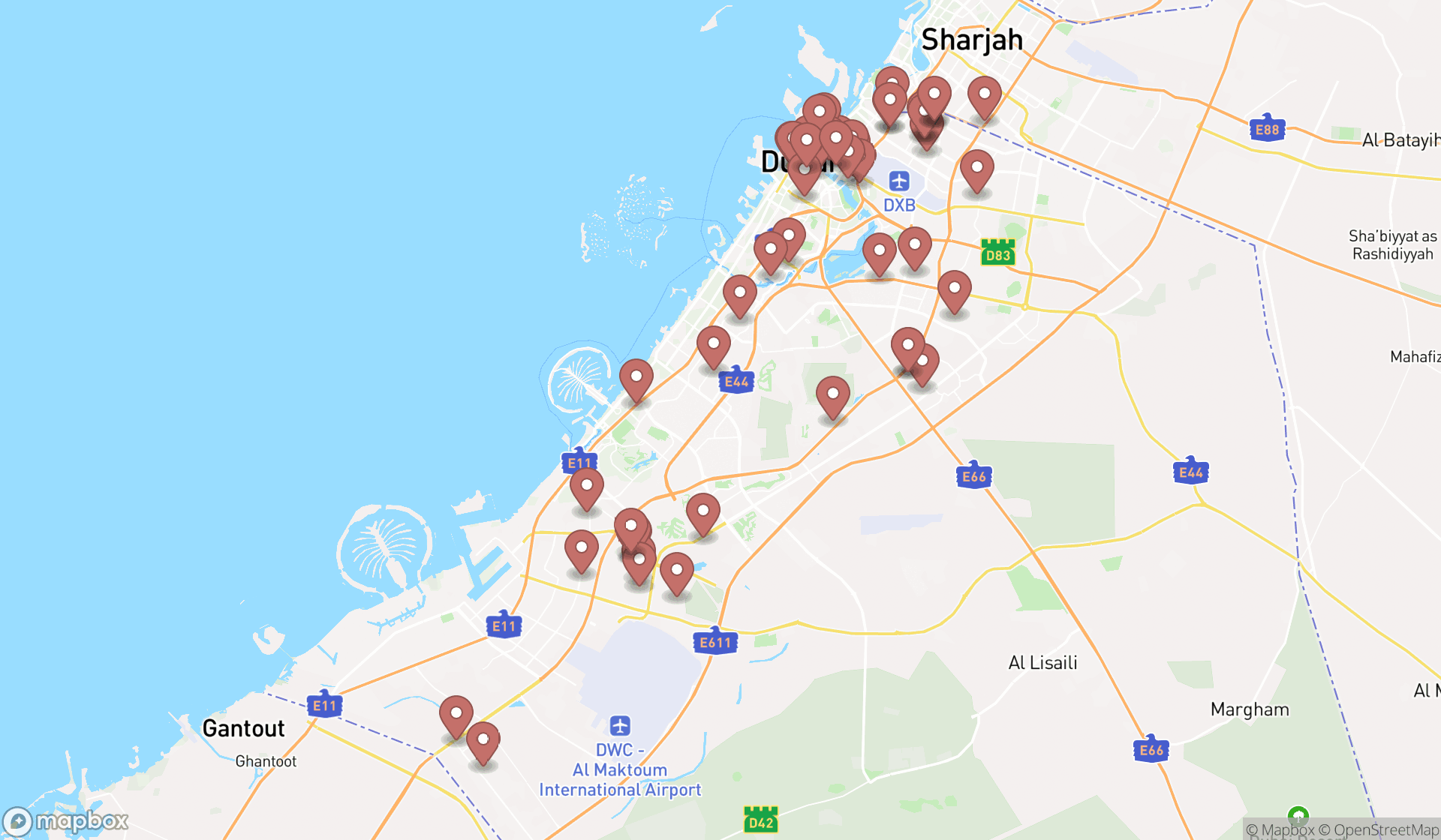 Map showing the search results in Dubai