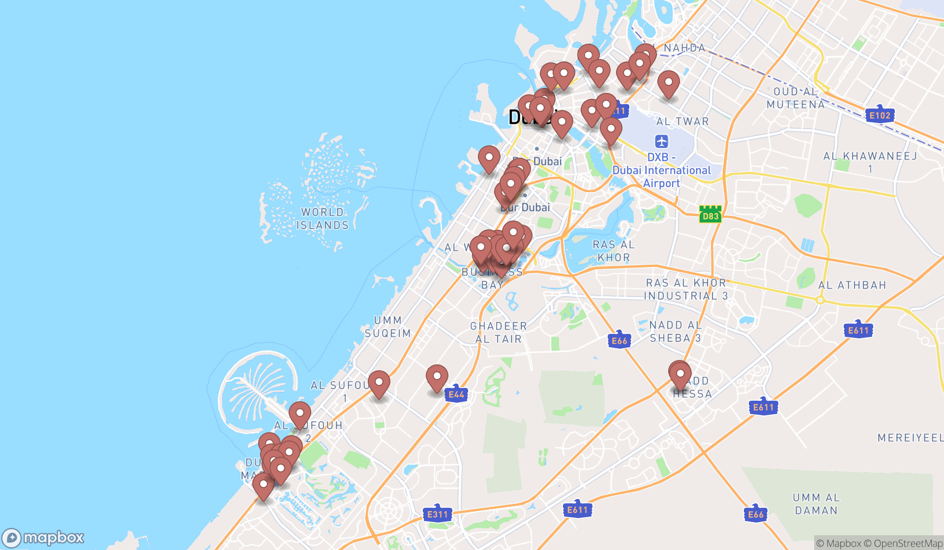 Map showing the search results in Dubai
