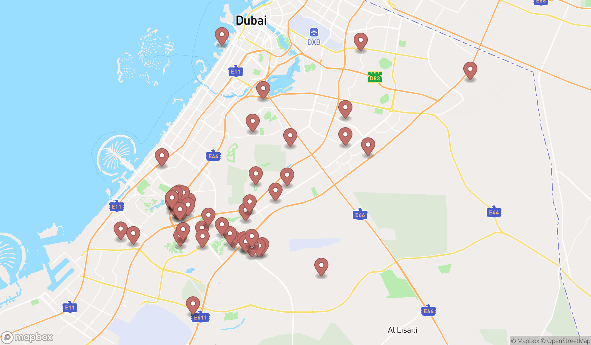 Map showing the search results in Dubai