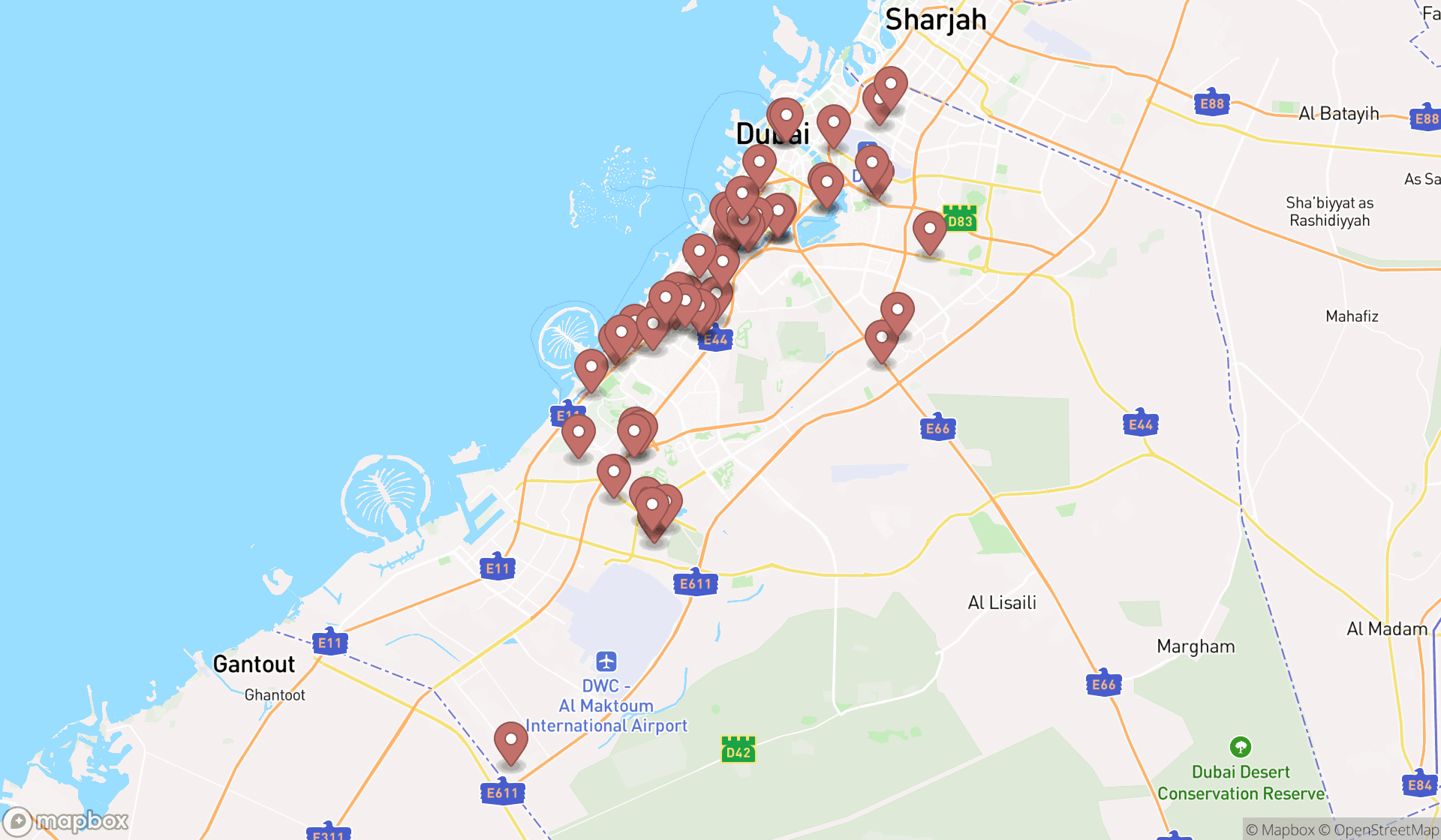 Map showing the search results in Dubai