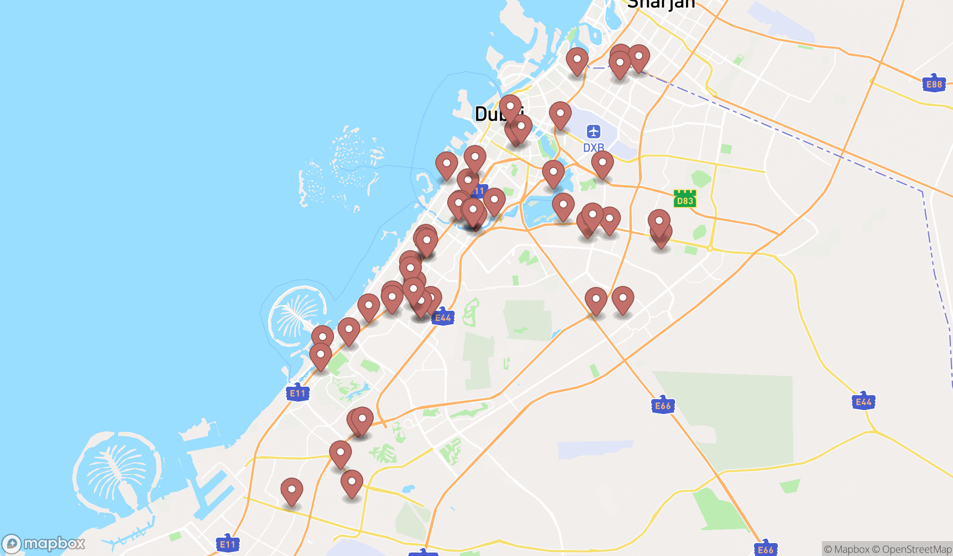 Map showing the search results in Dubai