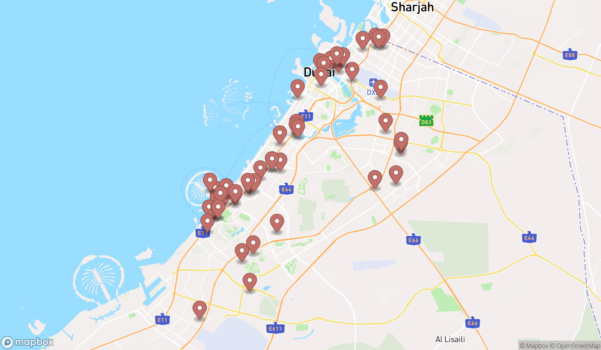 Map showing the search results in Dubai