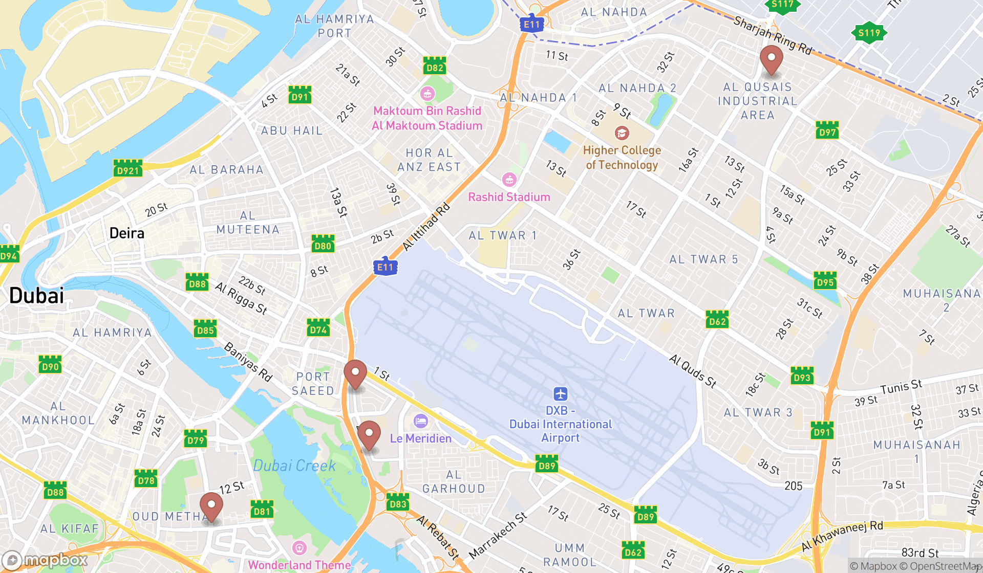 Map showing the search results in Dubai