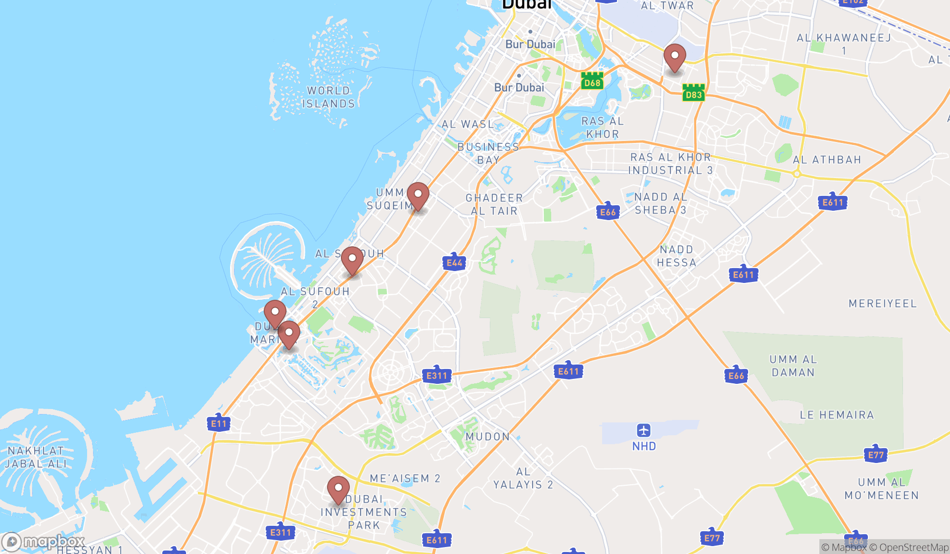 Map showing the search results in Dubai