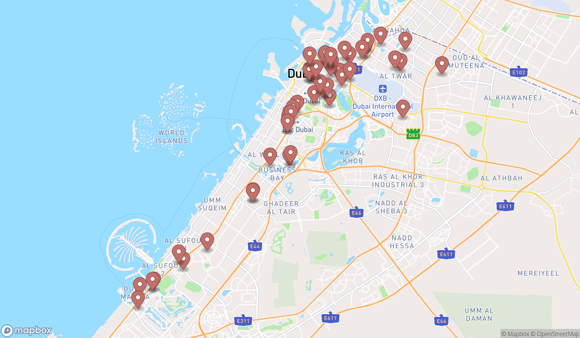 Map showing the search results in Dubai