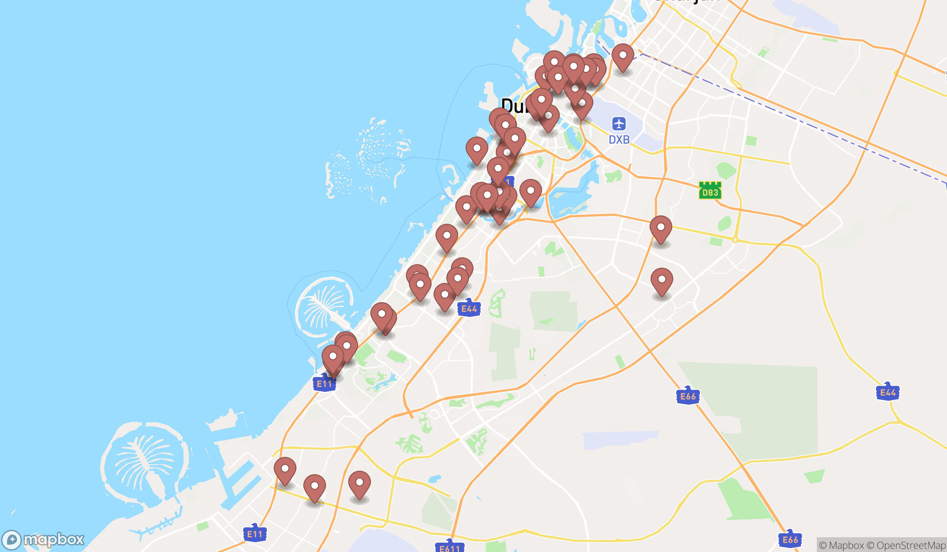 Map showing the search results in Dubai