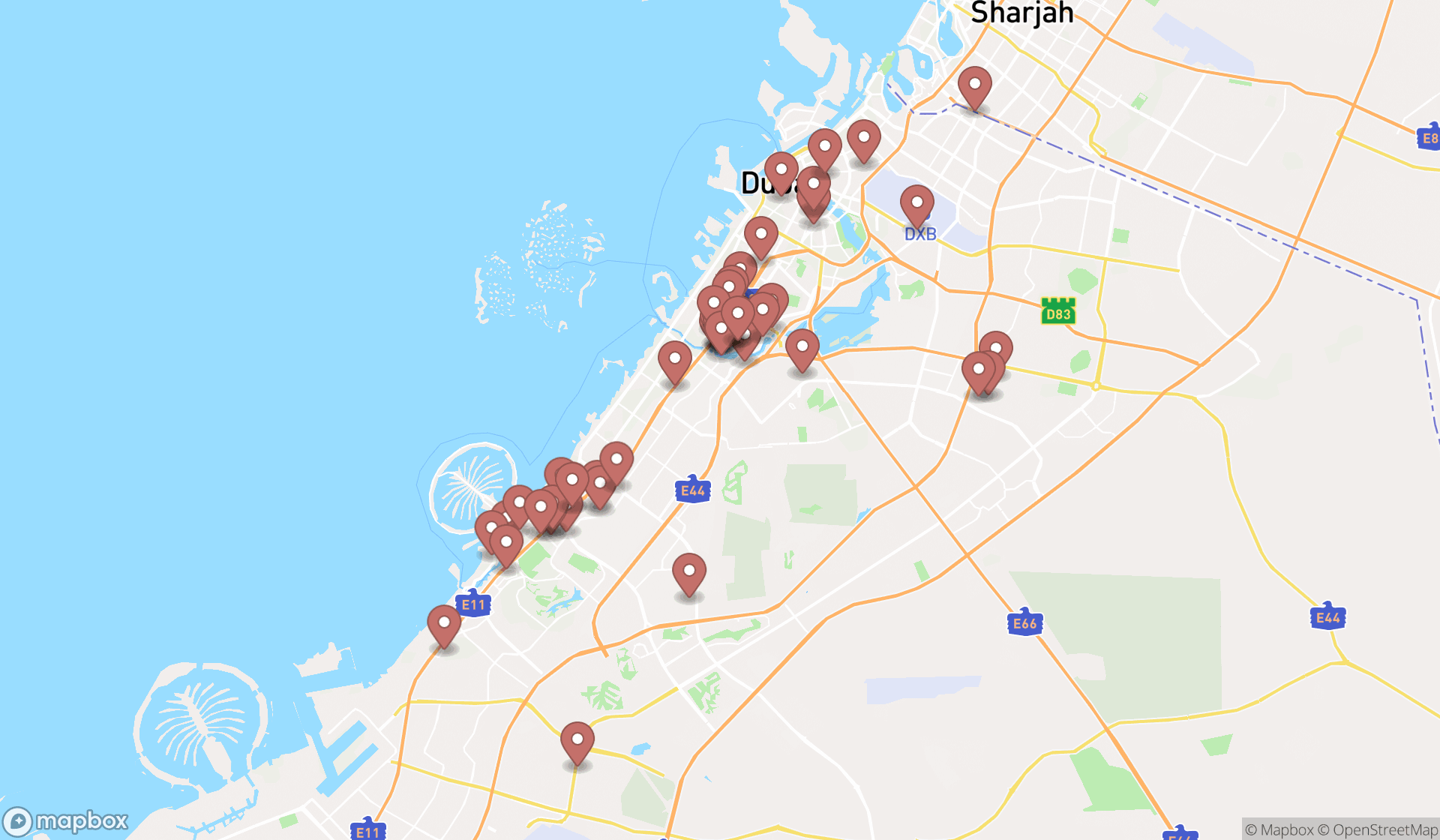 Map showing the search results in Dubai