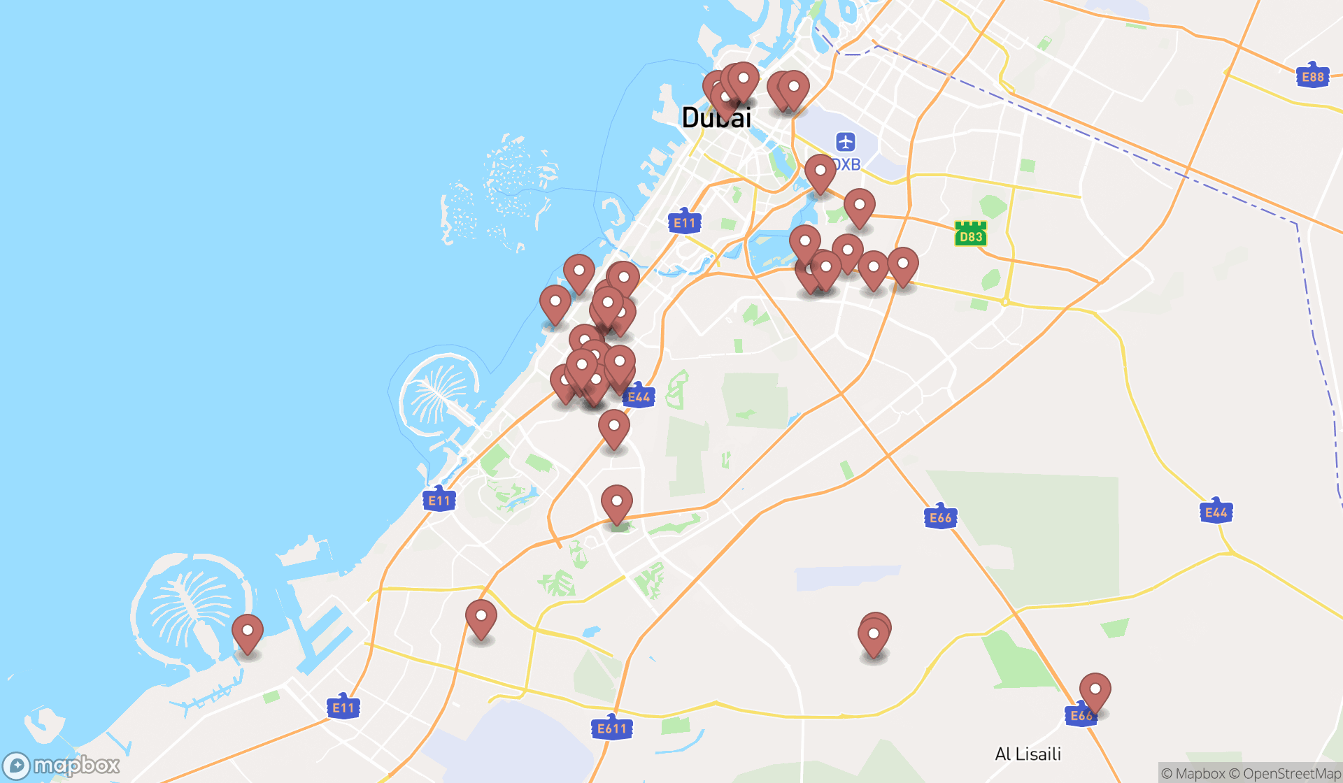 Map showing the search results in Dubai