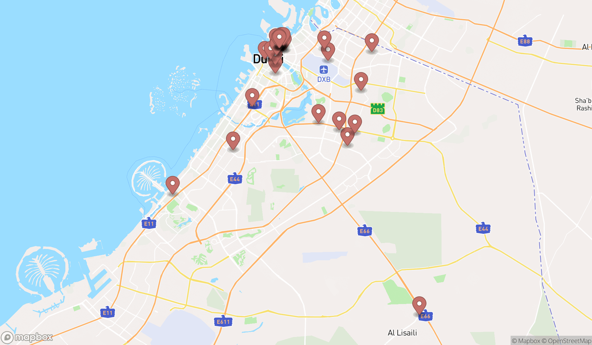 Map showing the search results in Dubai