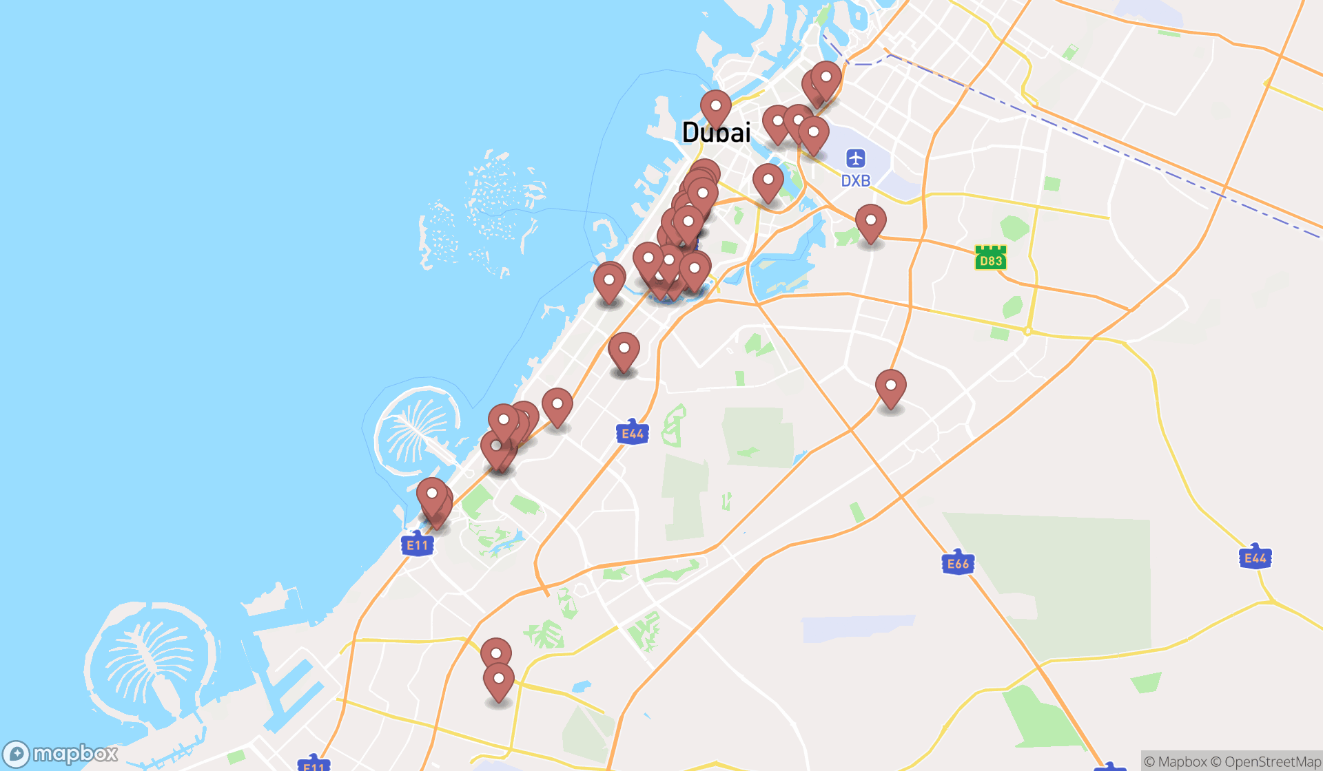 Map showing the search results in Dubai