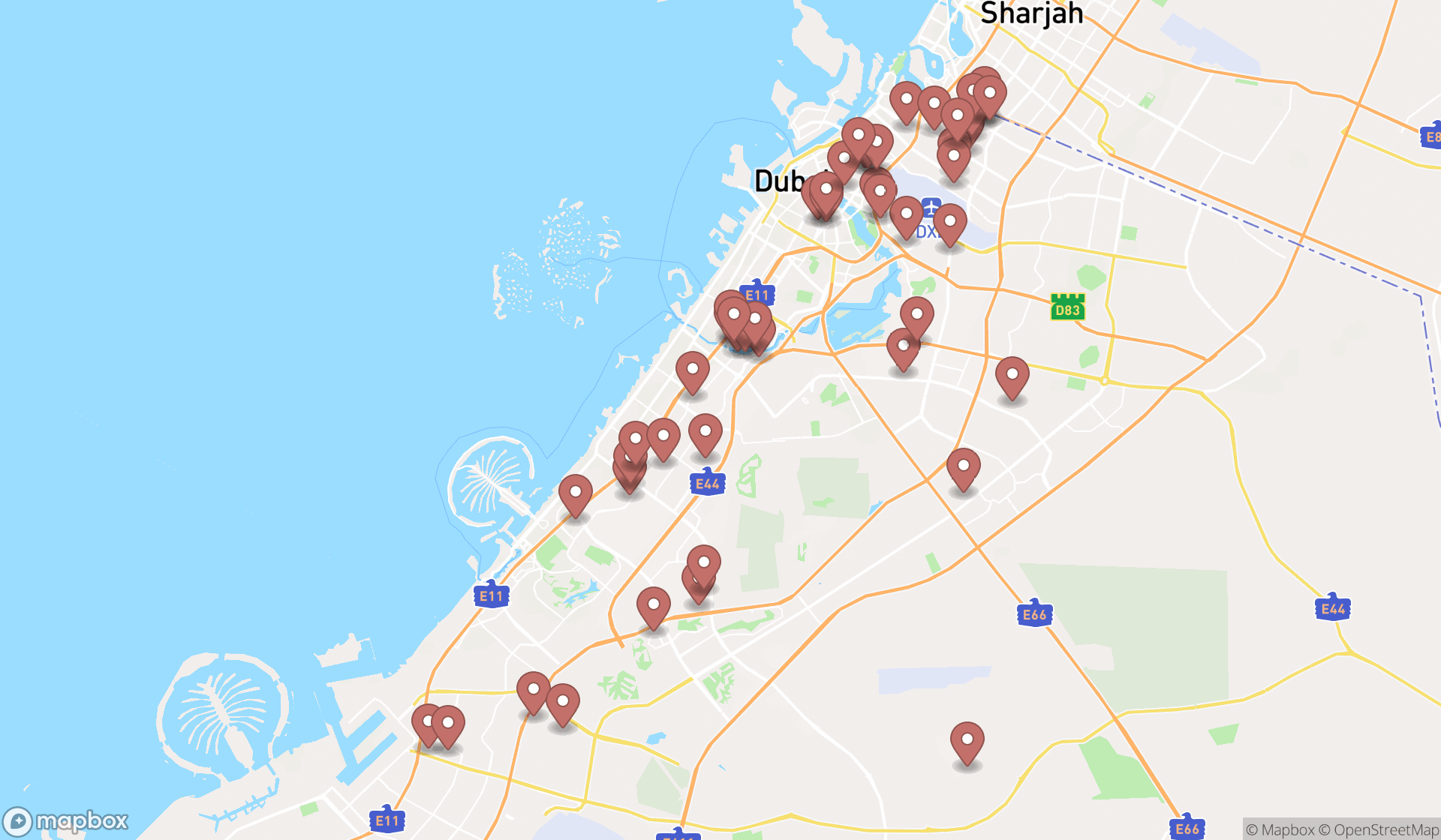 Map showing the search results in Dubai